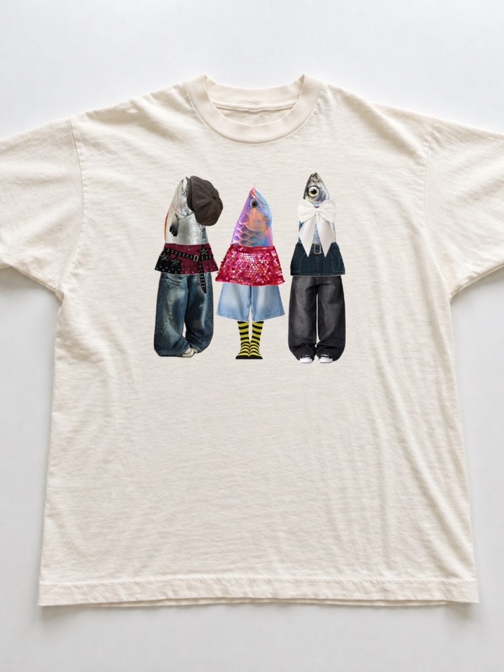 Off White Short Sleeve Tee with Three Fashion Fish Graphic